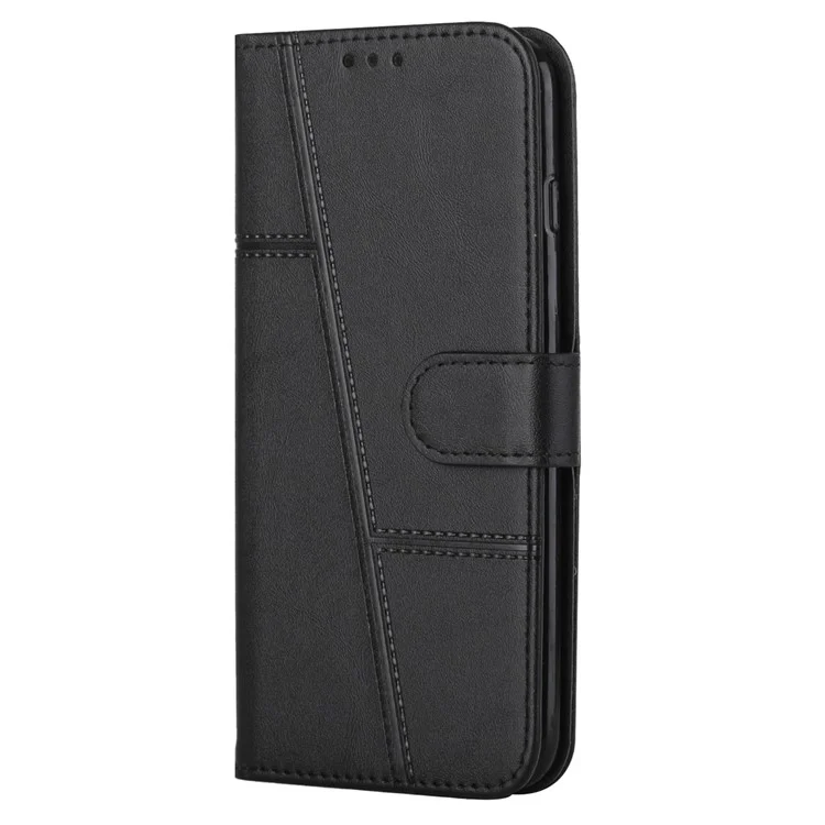 PU Leather Stand Feature Stitching Phone Wallet Cover Case with Strap for Samsung Galaxy S22 Ultra 5G - Black