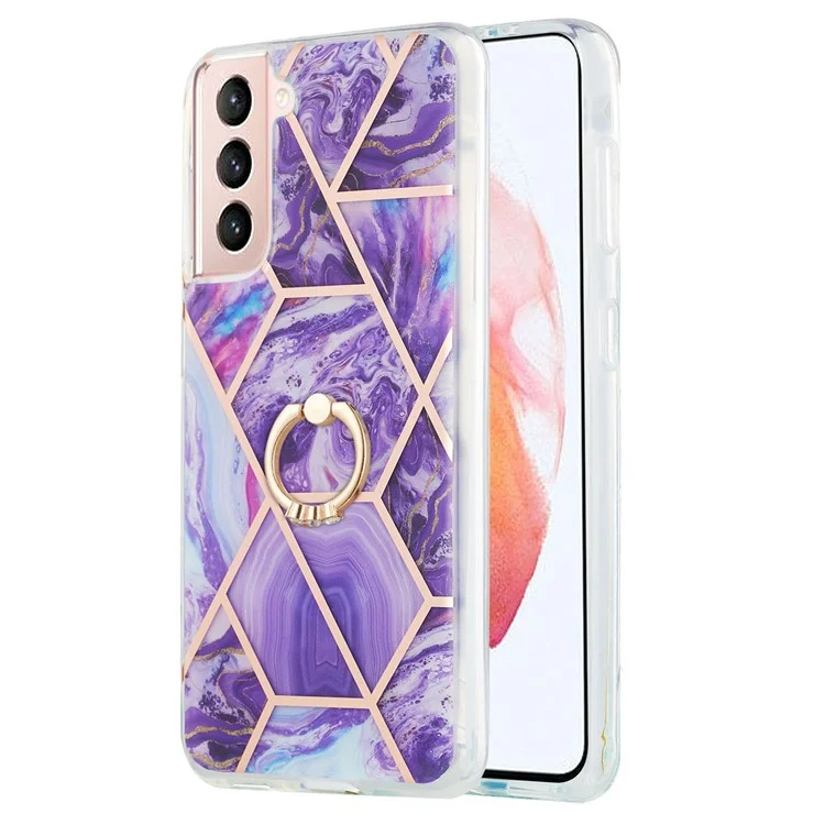 Ring Kickstand Electroplating 2.0mm IMD IML Soft TPU Case Marble Pattern Phone Case für Samsung Galaxy S21 4G/5G - Dunkel Lila