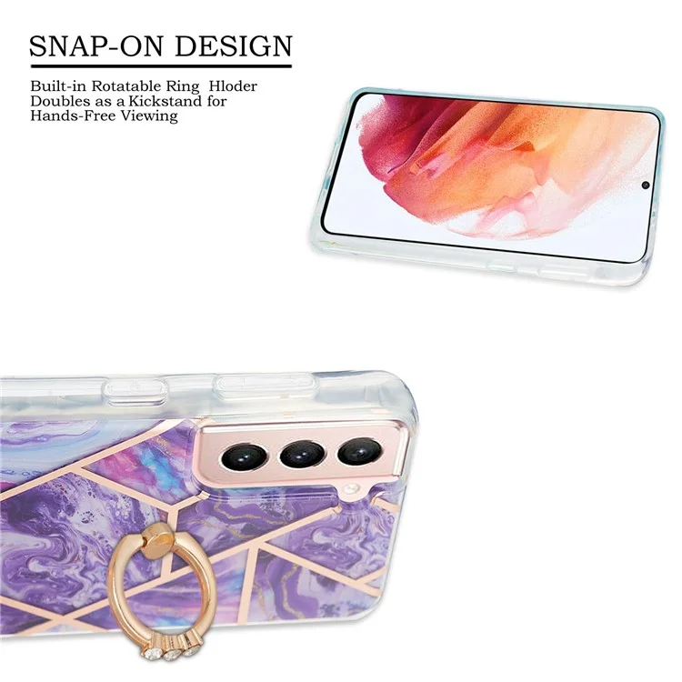 Ring Kickstand Electroplating 2.0mm IMD IML Soft TPU Case Marble Pattern Phone Case für Samsung Galaxy S21 4G/5G - Dunkel Lila