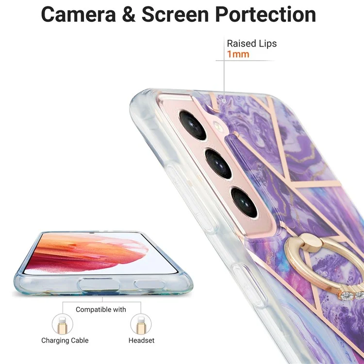 Ring Kickstand Electroplating 2.0mm IMD IML Soft TPU Case Marble Pattern Phone Case für Samsung Galaxy S21 4G/5G - Dunkel Lila