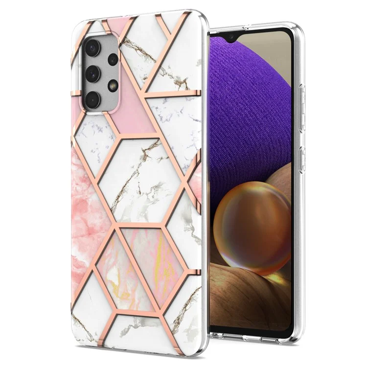 [Support Wireless Charging] Marble Pattern Printing IMD Electroplating Soft TPU Phone Case for Samsung Galaxy A32 4G (EU Version) - Pink/White
