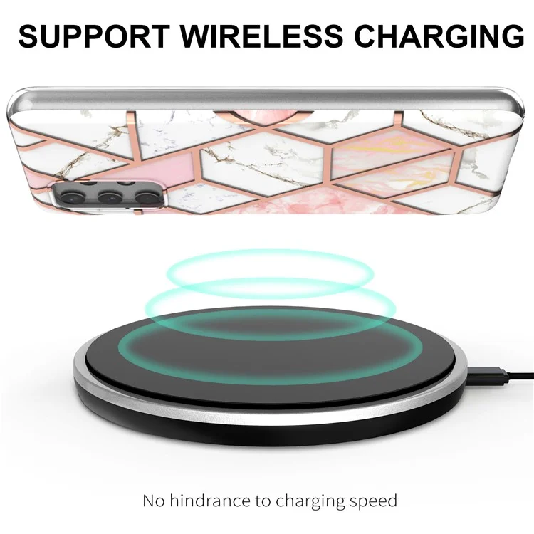 [Support Wireless Charging] Marble Pattern Printing IMD Electroplating Soft TPU Phone Case for Samsung Galaxy A32 4G (EU Version) - Pink/White