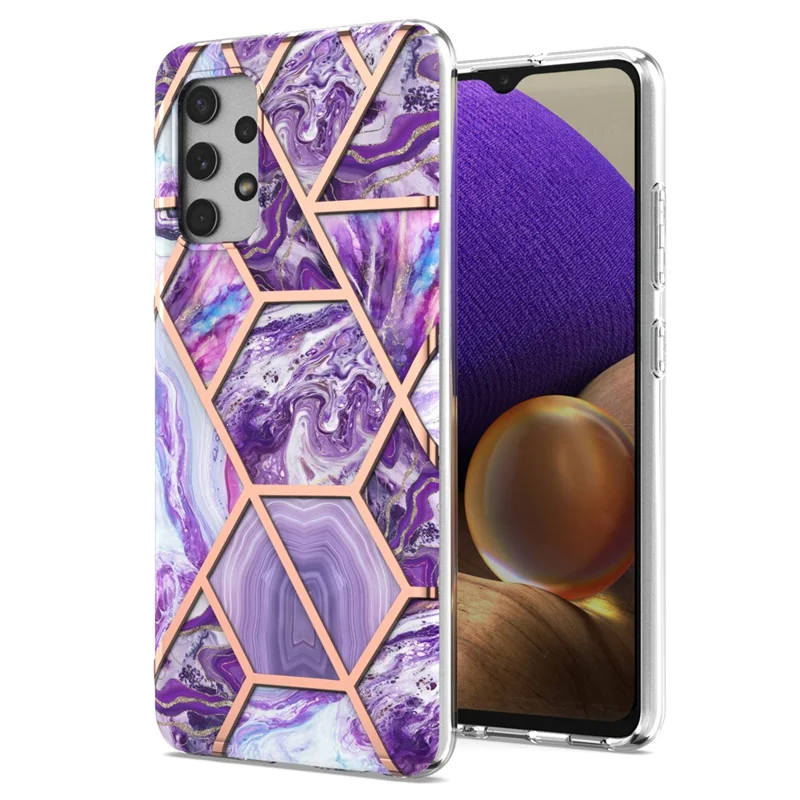 [Support Wireless Charging] Marble Pattern Printing IMD Electroplating Soft TPU Phone Case for Samsung Galaxy A32 4G (EU Version) - Dark Purple