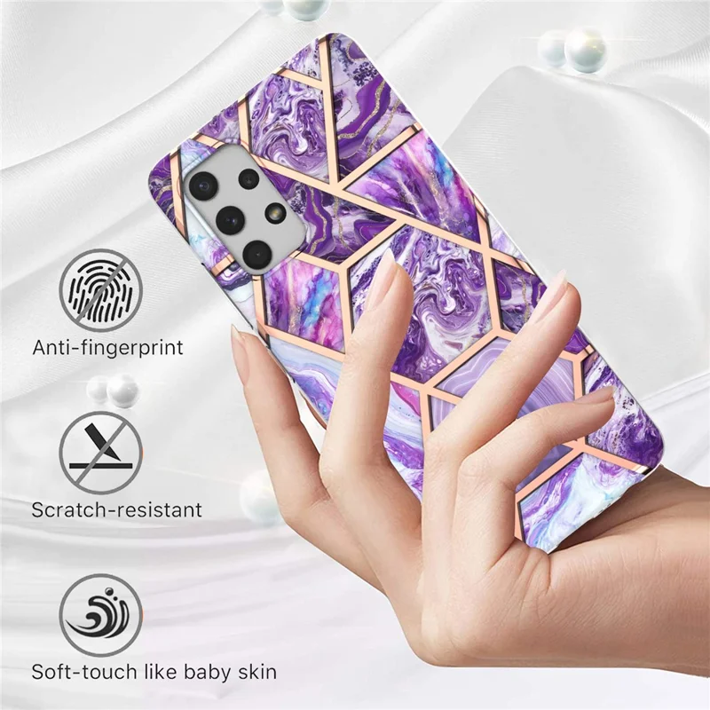 [Support Wireless Charging] Marble Pattern Printing IMD Electroplating Soft TPU Phone Case for Samsung Galaxy A32 4G (EU Version) - Dark Purple