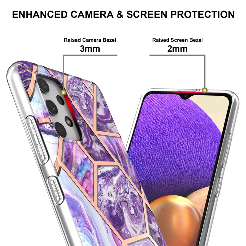 [Support Wireless Charging] Marble Pattern Printing IMD Electroplating Soft TPU Phone Case for Samsung Galaxy A32 4G (EU Version) - Dark Purple