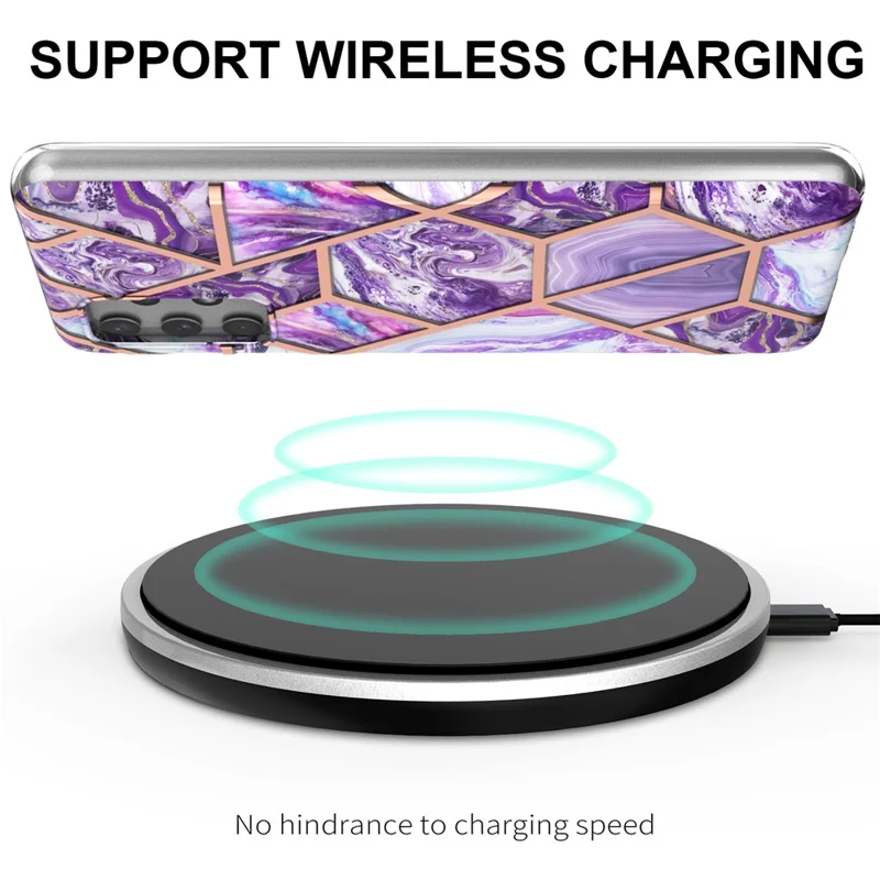 [Support Wireless Charging] Marble Pattern Printing IMD Electroplating Soft TPU Phone Case for Samsung Galaxy A32 4G (EU Version) - Dark Purple