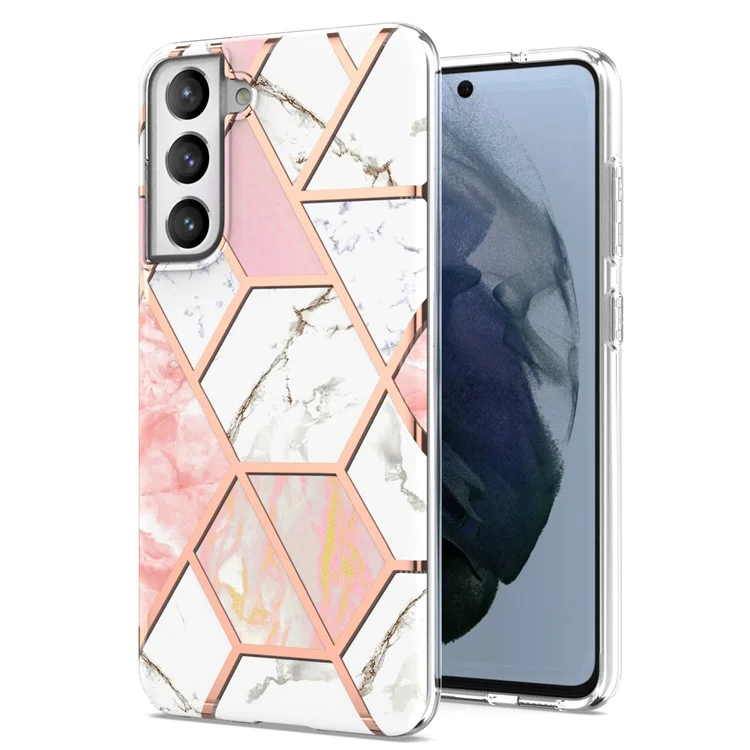 Anti-scratch 2.0mm Marble Pattern IMD Electroplating Soft TPU Phone Cover for Samsung Galaxy S21 FE 5G - Pink/White