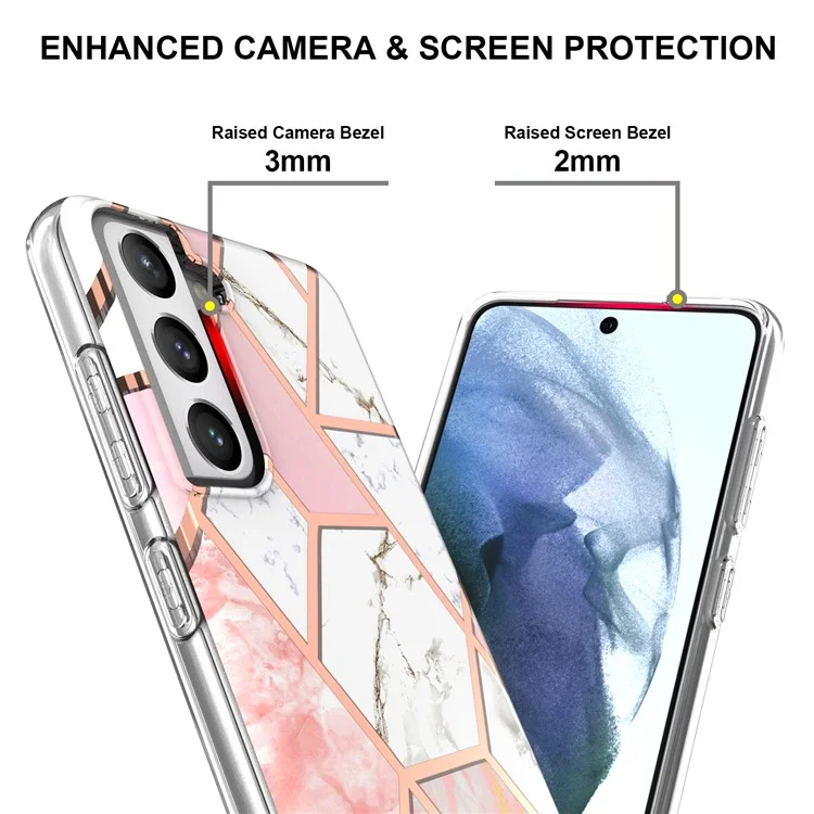 Anti-scratch 2.0mm Marble Pattern IMD Electroplating Soft TPU Phone Cover for Samsung Galaxy S21 FE 5G - Pink/White