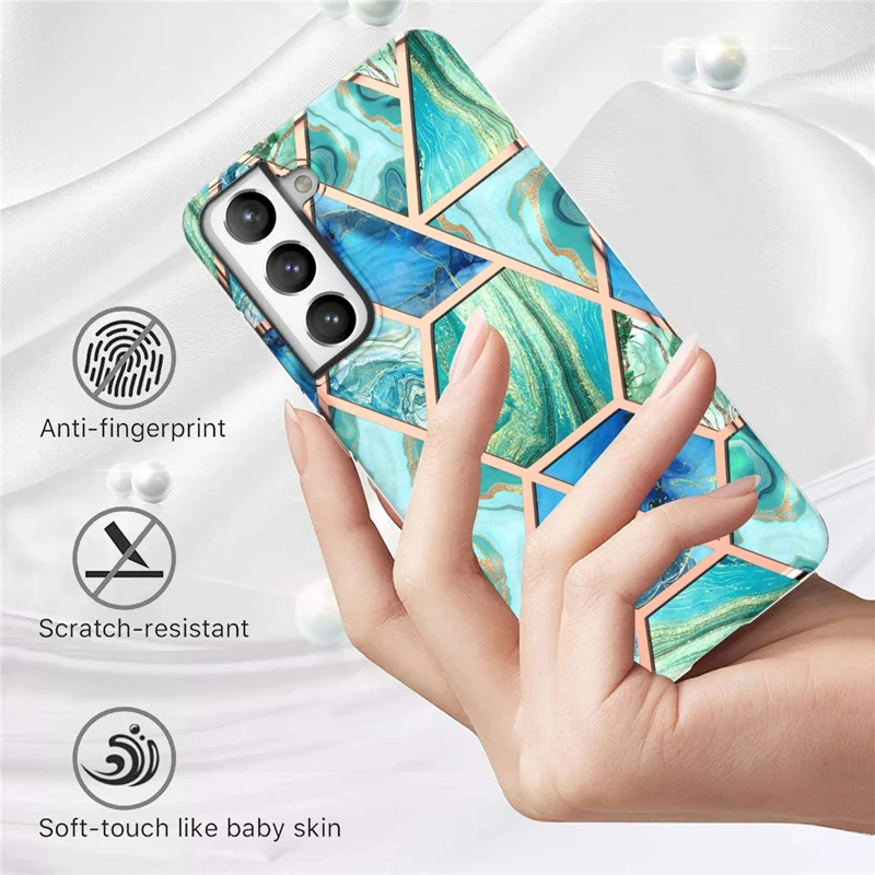 Anti-scratch 2.0mm Marble Pattern IMD Electroplating Soft TPU Phone Cover for Samsung Galaxy S21 FE 5G - Green