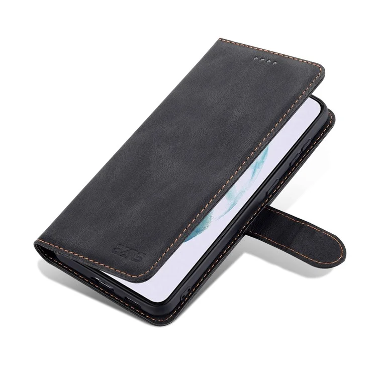 Azns PU Cover Stand Stand Wallet Flip Flip Phone Case Protector Para Samsung Galaxy S22+ 5G - Preto