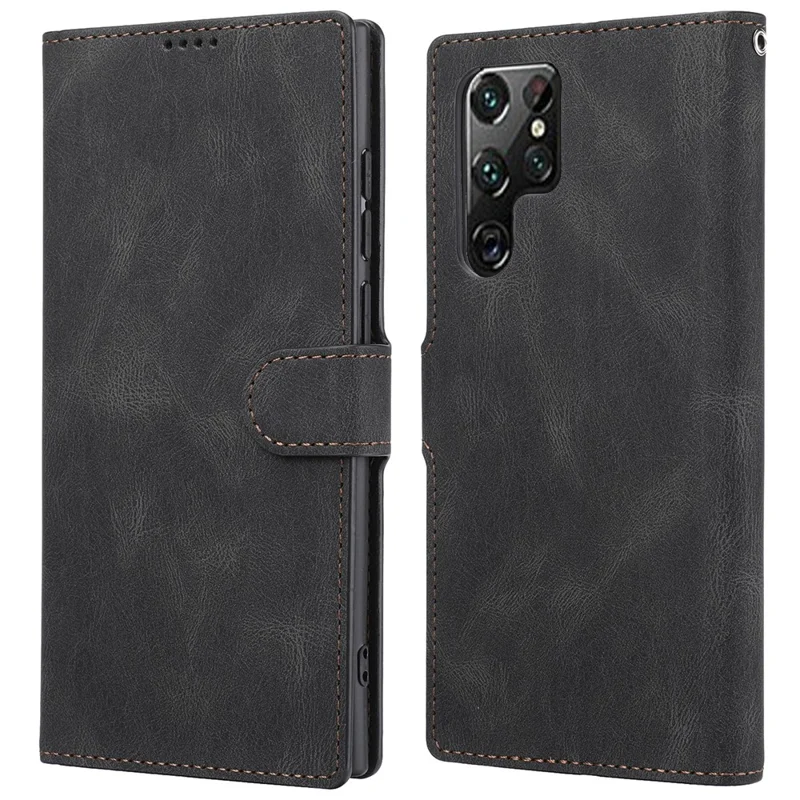 Classic Style PU Leather Magnetic Flip Folio Case Wallet Stand Drop Protection Cover for Samsung Galaxy S22 Ultra 5G - Black