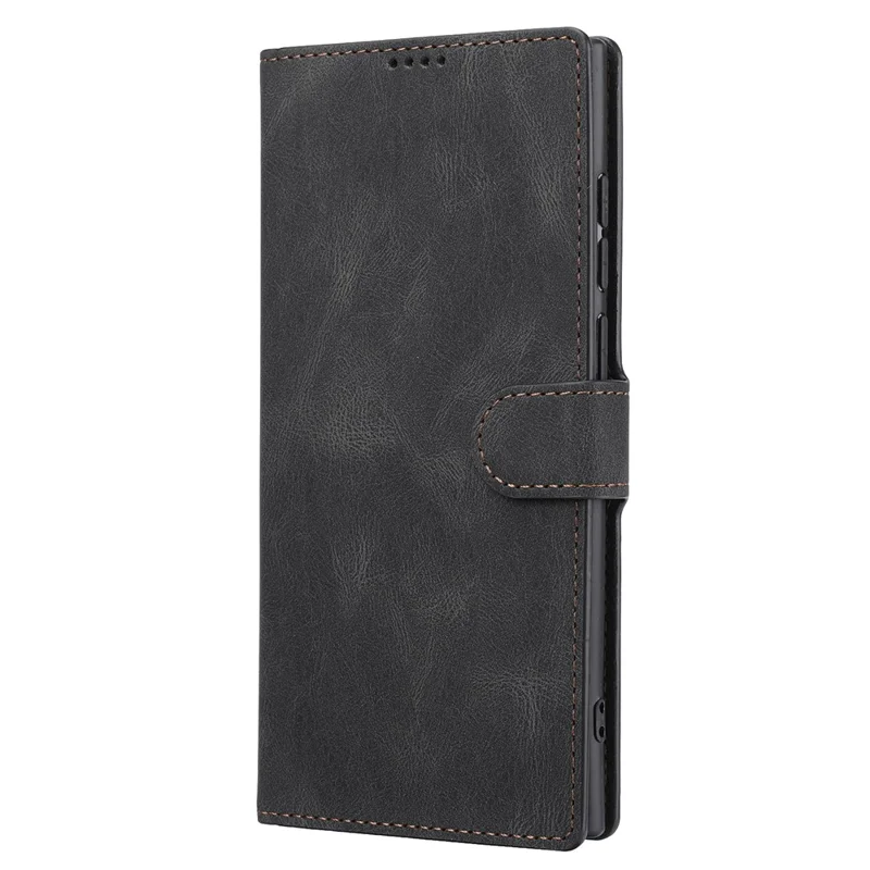 Classic Style PU Leather Magnetic Flip Folio Case Wallet Stand Drop Protection Cover for Samsung Galaxy S22 Ultra 5G - Black