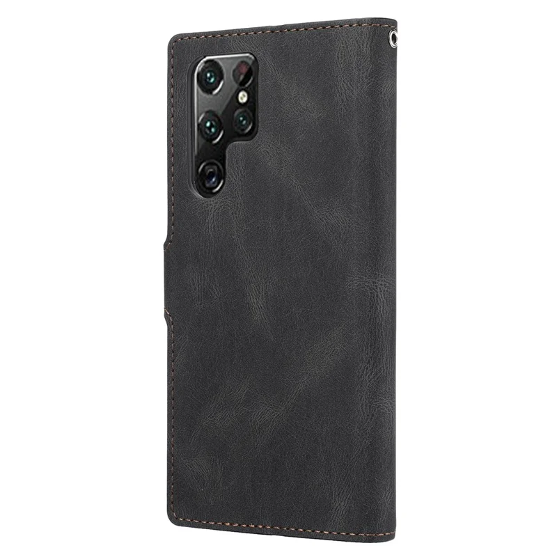 Classic Style PU Leather Magnetic Flip Folio Case Wallet Stand Drop Protection Cover for Samsung Galaxy S22 Ultra 5G - Black