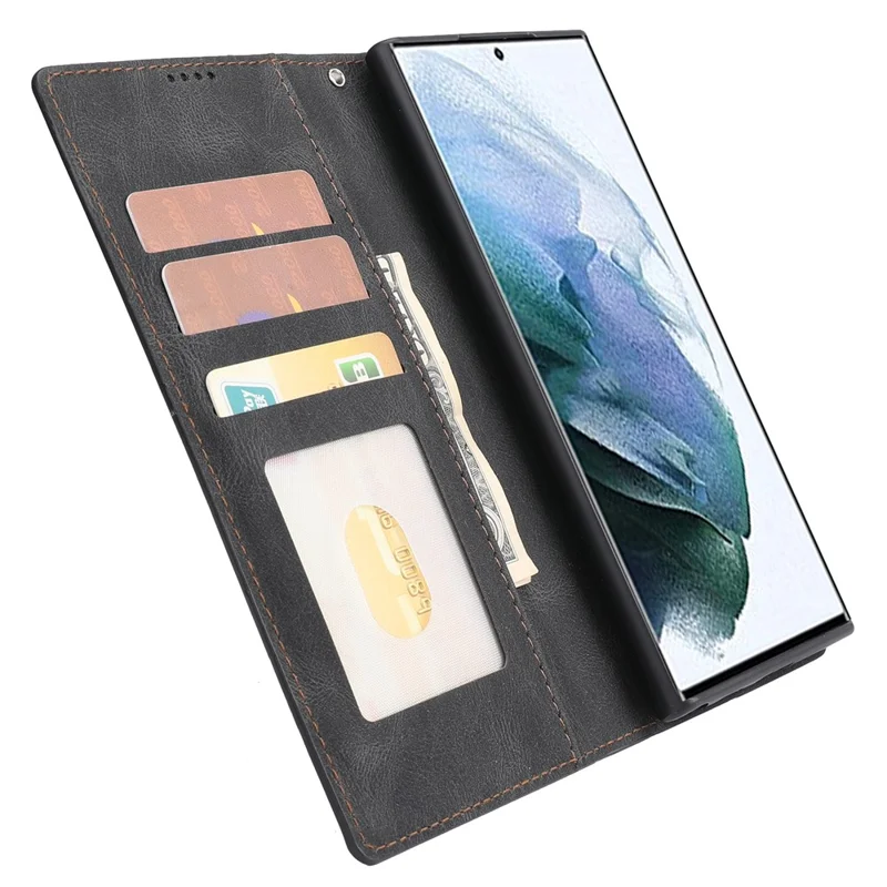 Classic Style PU Leather Magnetic Flip Folio Case Wallet Stand Drop Protection Cover for Samsung Galaxy S22 Ultra 5G - Black