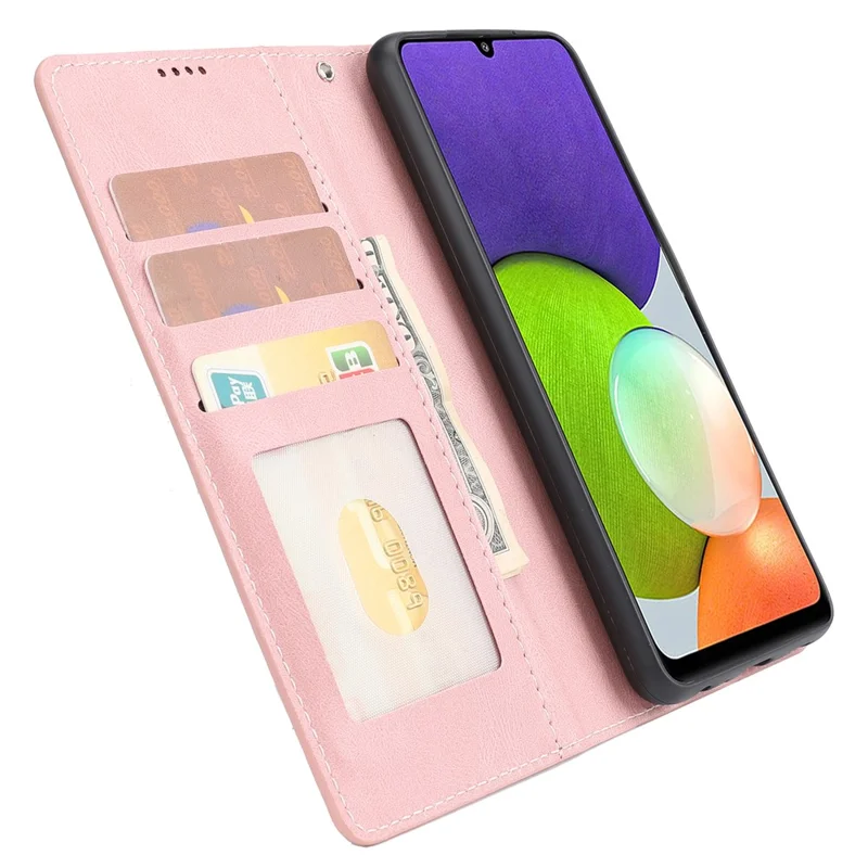 Classic Style PU Leather Flip Folio Case Wallet Stand Magnetic Protective Cover with Strap for Samsung Galaxy A22 4G (EU Version) / M32 (Global Version) - Pink