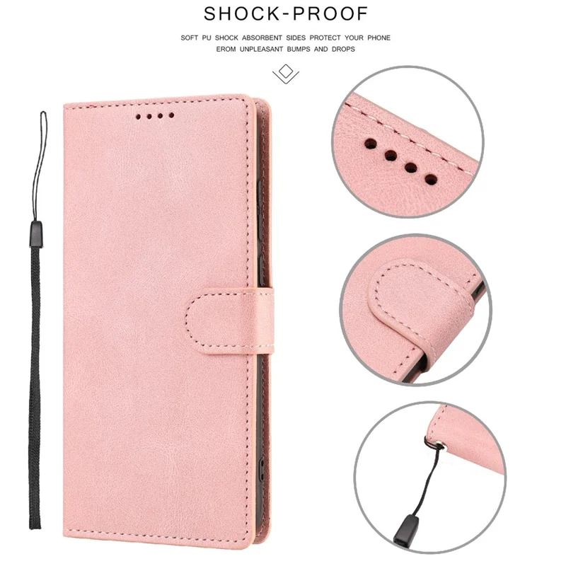 Classic Style PU Leather Flip Folio Case Wallet Stand Magnetic Protective Cover with Strap for Samsung Galaxy A22 4G (EU Version) / M32 (Global Version) - Pink