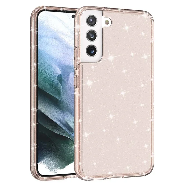 TPU + PC Hybrid Phone Case 2.8mm Thickened Glittering Powder Transparent Drop-Proof Phone Protector for Samsung Galaxy S22 5G - Rose Gold