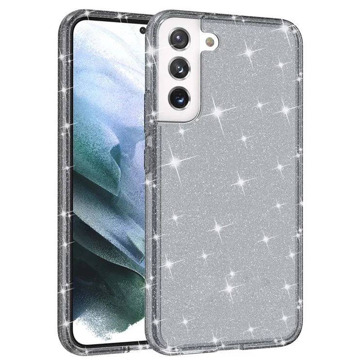 TPU + PC Hybrid Phone Case 2.8mm Thickened Glittering Powder Transparent Drop-Proof Phone Protector for Samsung Galaxy S22 5G - Black