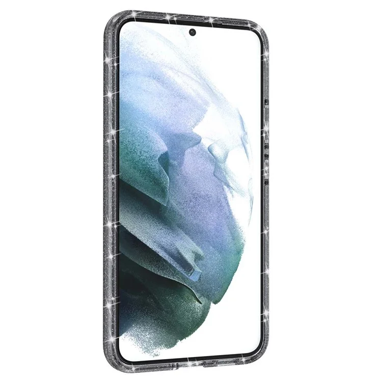 TPU + PC Hybrid Phone Case 2.8mm Thickened Glittering Powder Transparent Drop-Proof Phone Protector for Samsung Galaxy S22 5G - Black