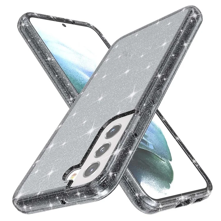 TPU + PC Hybrid Phone Case 2.8mm Thickened Glittering Powder Transparent Drop-Proof Phone Protector for Samsung Galaxy S22 5G - Black