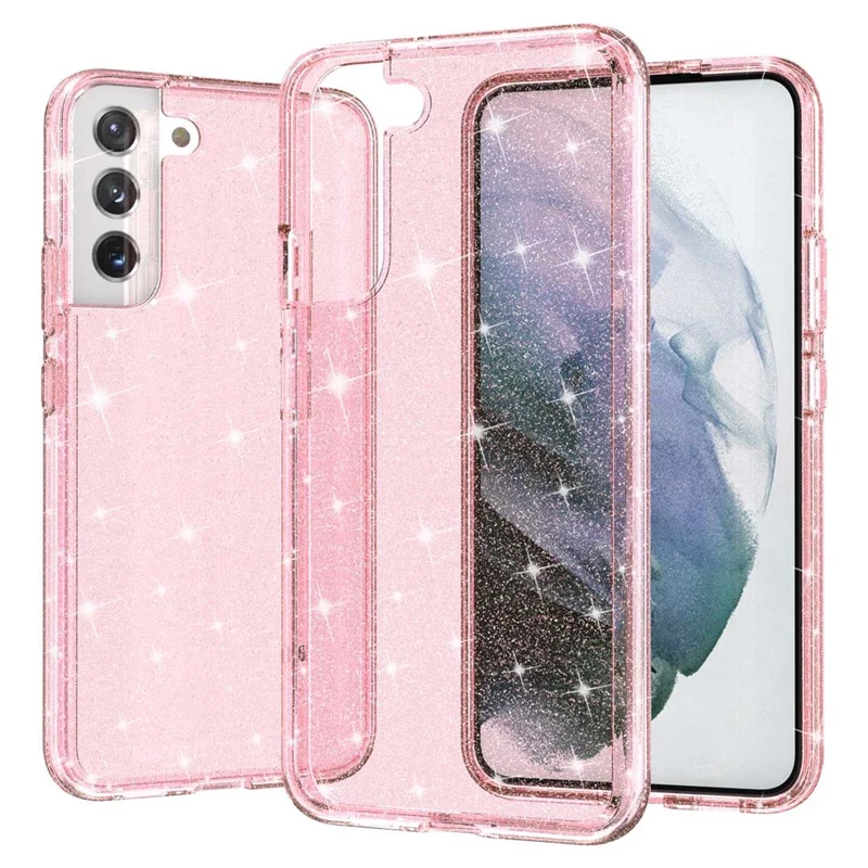 TPU + PC Hybrid Phone Case 2.8mm Thickened Glittering Powder Transparent Drop-Proof Phone Protector for Samsung Galaxy S22 5G - Pink