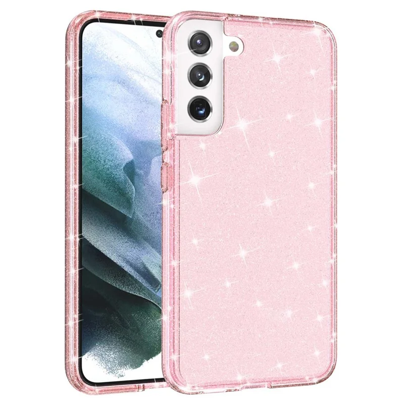 TPU + PC Hybrid Phone Case 2.8mm Thickened Glittering Powder Transparent Drop-Proof Phone Protector for Samsung Galaxy S22 5G - Pink