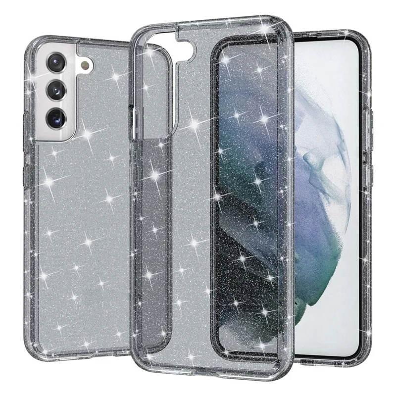 Glittering TPU + PC  Phone Case Shiny Powder Transparent 3.0mm Thickened Hybrid Phone Protector for Samsung Galaxy S22+ 5G - Black