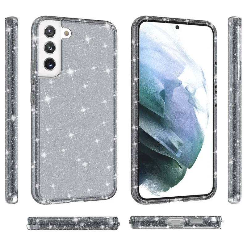 Glittering TPU + PC  Phone Case Shiny Powder Transparent 3.0mm Thickened Hybrid Phone Protector for Samsung Galaxy S22+ 5G - Black