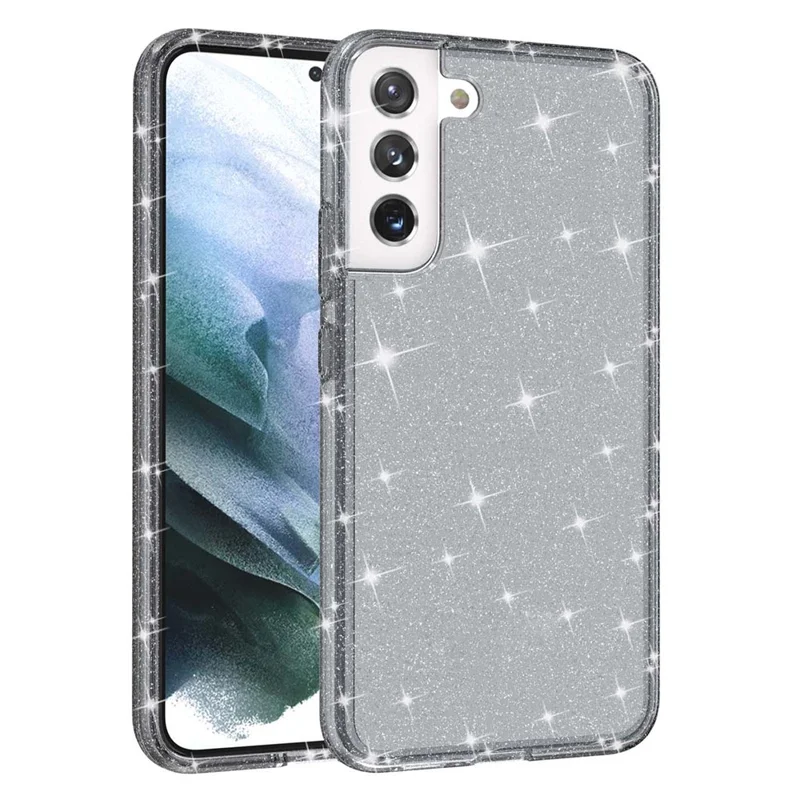 Glittering TPU + PC  Phone Case Shiny Powder Transparent 3.0mm Thickened Hybrid Phone Protector for Samsung Galaxy S22+ 5G - Black