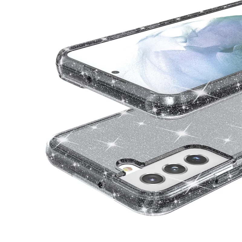 Glittering TPU + PC  Phone Case Shiny Powder Transparent 3.0mm Thickened Hybrid Phone Protector for Samsung Galaxy S22+ 5G - Black