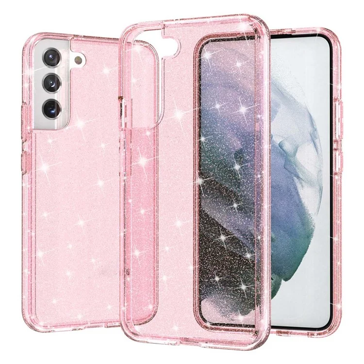 Glitzernde TPU + PC-Handyhülle Glänzendes Pulver Transparenter 3.0 mm dicker Hybrid-Handyschutz für Samsung Galaxy S22+ 5G - Pink