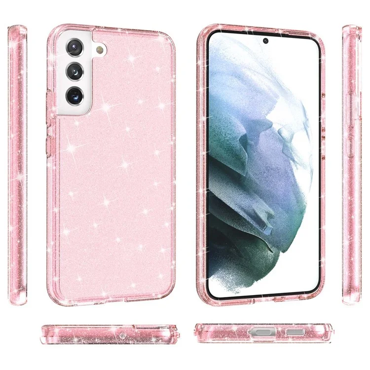 Glitzernde TPU + PC-Handyhülle Glänzendes Pulver Transparenter 3.0 mm dicker Hybrid-Handyschutz für Samsung Galaxy S22+ 5G - Pink
