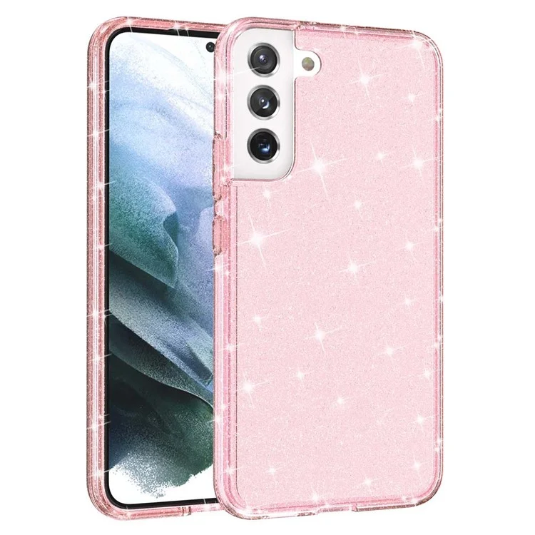 Glitzernde TPU + PC-Handyhülle Glänzendes Pulver Transparenter 3.0 mm dicker Hybrid-Handyschutz für Samsung Galaxy S22+ 5G - Pink