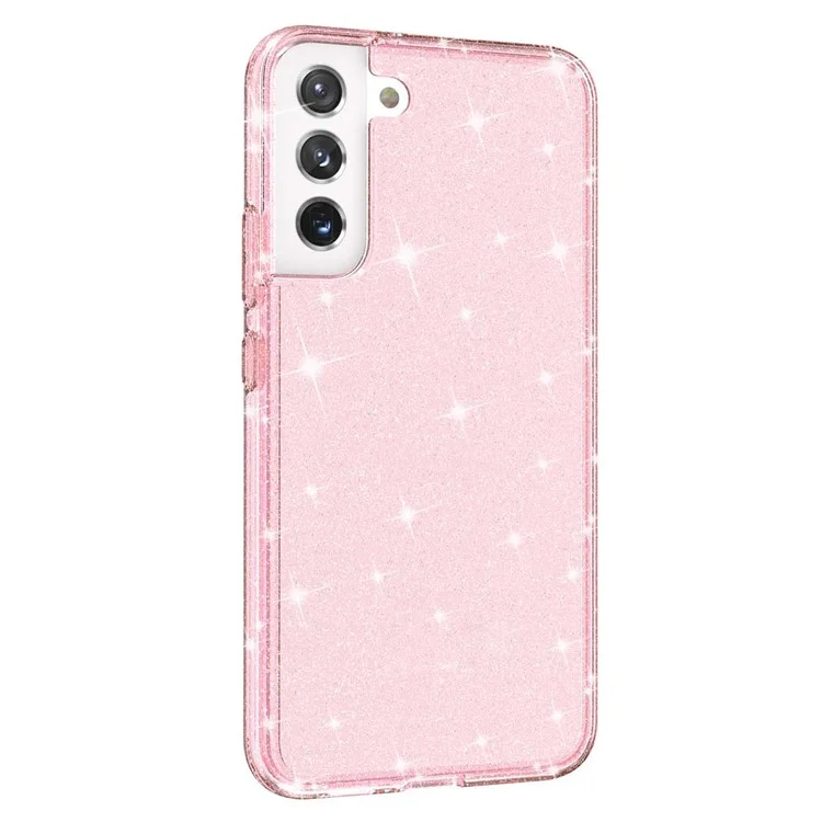 Glitzernde TPU + PC-Handyhülle Glänzendes Pulver Transparenter 3.0 mm dicker Hybrid-Handyschutz für Samsung Galaxy S22+ 5G - Pink