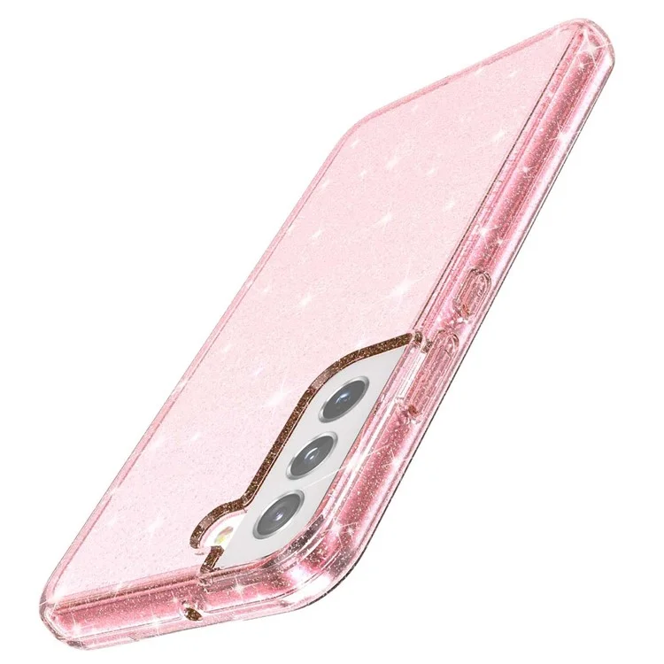 Glitzernde TPU + PC-Handyhülle Glänzendes Pulver Transparenter 3.0 mm dicker Hybrid-Handyschutz für Samsung Galaxy S22+ 5G - Pink