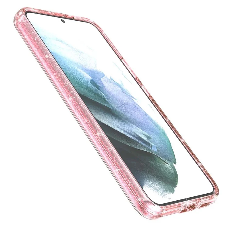Glitzernde TPU + PC-Handyhülle Glänzendes Pulver Transparenter 3.0 mm dicker Hybrid-Handyschutz für Samsung Galaxy S22+ 5G - Pink