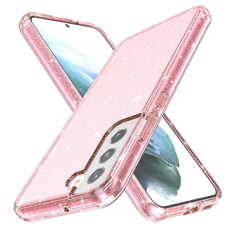 Glitzernde TPU + PC-Handyhülle Glänzendes Pulver Transparenter 3.0 mm dicker Hybrid-Handyschutz für Samsung Galaxy S22+ 5G - Pink