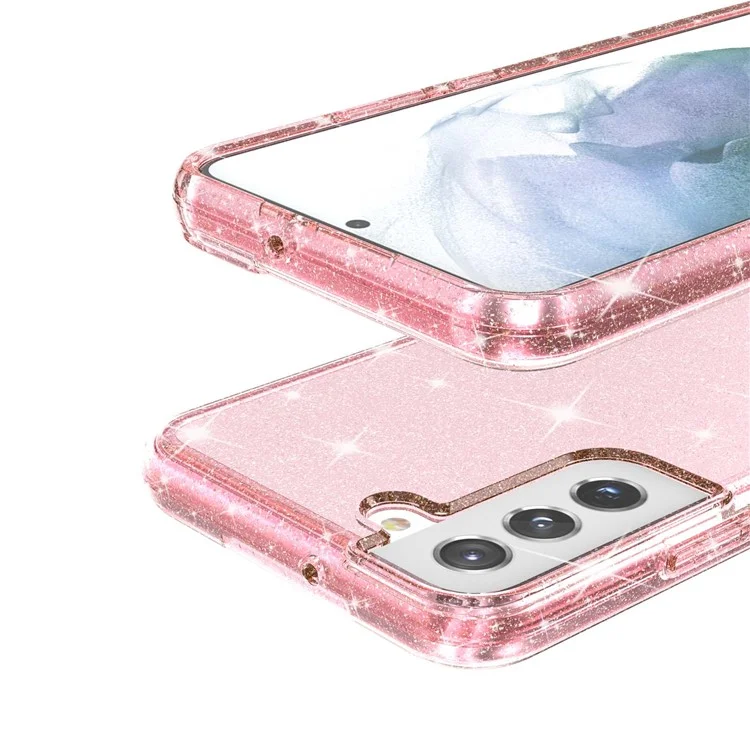 Glitzernde TPU + PC-Handyhülle Glänzendes Pulver Transparenter 3.0 mm dicker Hybrid-Handyschutz für Samsung Galaxy S22+ 5G - Pink