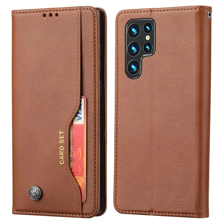Diseño de Ranura de Tarjeta Delantera Case de Cuero de Billetera Anti-caza Bien Protegido Bien Protegido Con Soporte Para Samsung Galaxy S22 Ultra 5G - Marrón
