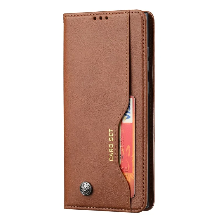 Diseño de Ranura de Tarjeta Delantera Case de Cuero de Billetera Anti-caza Bien Protegido Bien Protegido Con Soporte Para Samsung Galaxy S22 Ultra 5G - Marrón