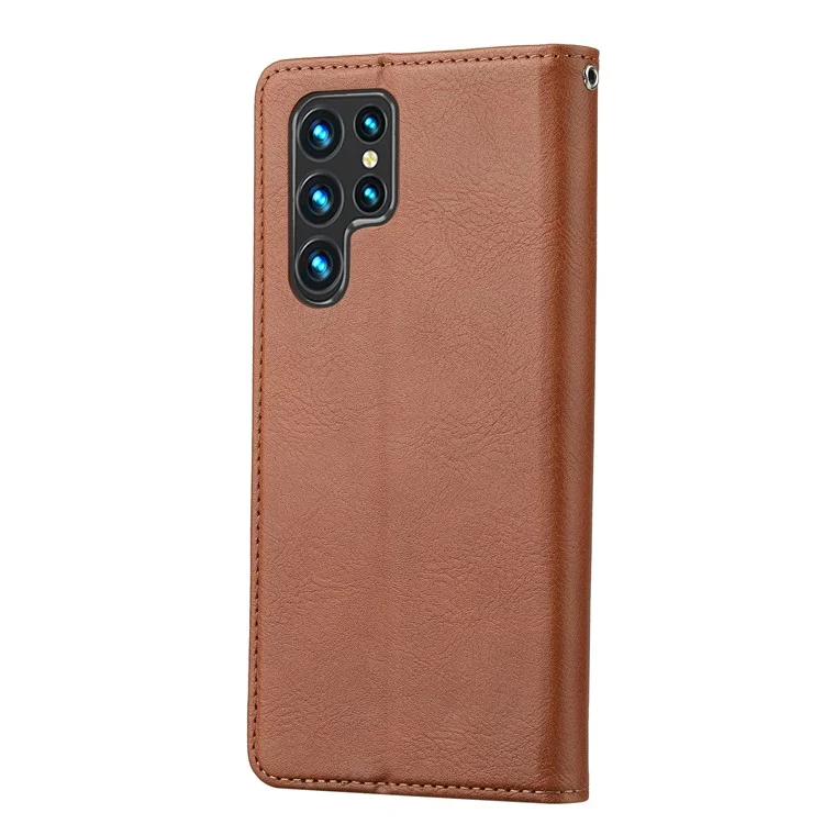 Diseño de Ranura de Tarjeta Delantera Case de Cuero de Billetera Anti-caza Bien Protegido Bien Protegido Con Soporte Para Samsung Galaxy S22 Ultra 5G - Marrón
