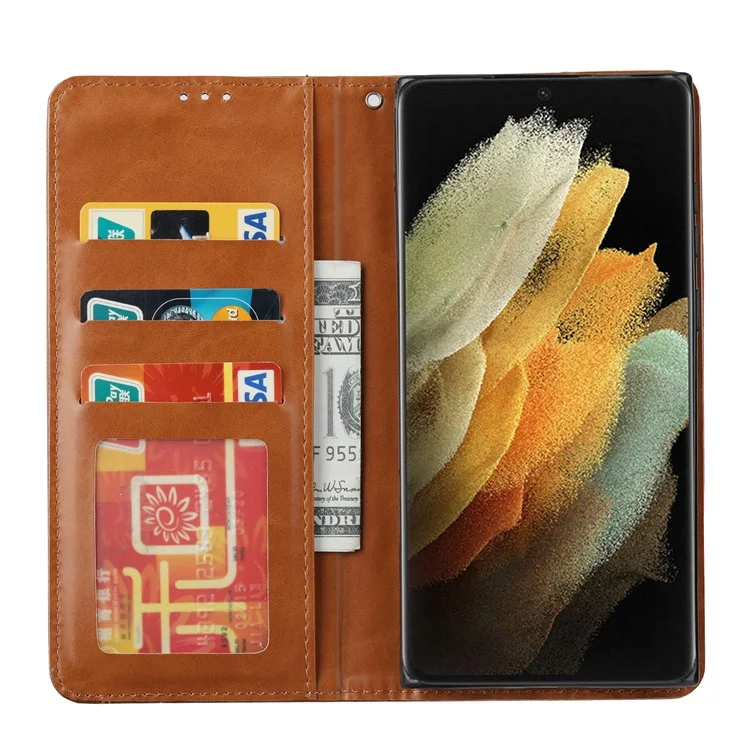 Diseño de Ranura de Tarjeta Delantera Case de Cuero de Billetera Anti-caza Bien Protegido Bien Protegido Con Soporte Para Samsung Galaxy S22 Ultra 5G - Marrón