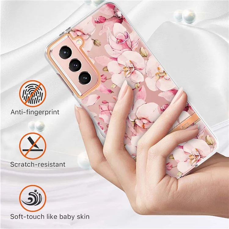 IML IMD Fashionable Mobile Phone Cover Flower Letter Design Anti-scratch Electroplating TPU Phone Case for Samsung Galaxy S21 4G/5G - HC005 Pink Gardenia