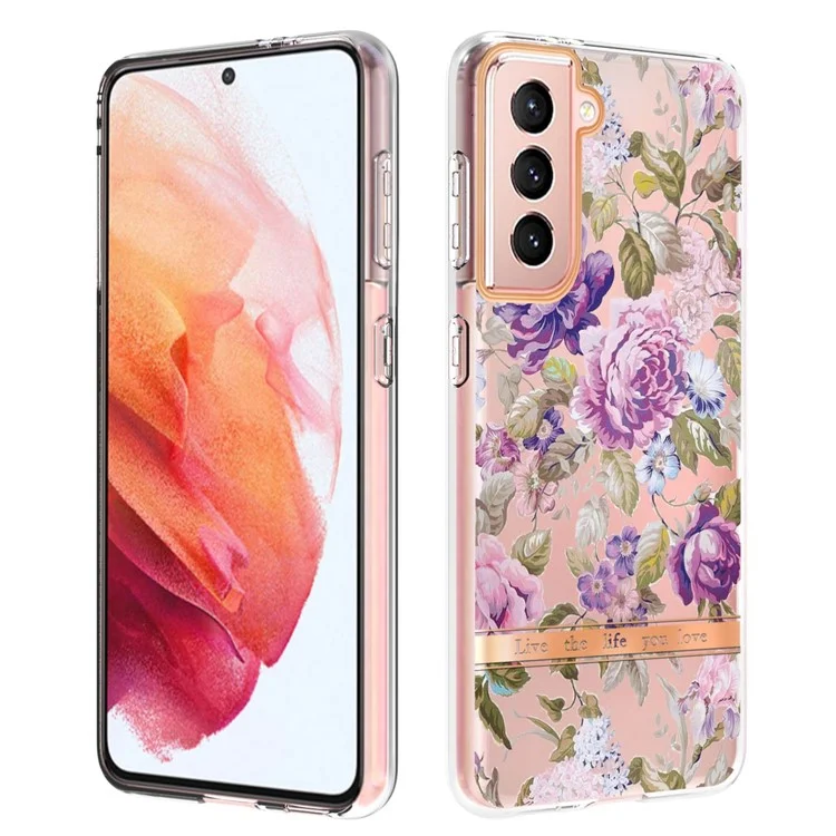 Coque de téléphone portable à la mode IML IMD Flower Letter Design Anti-rayures Électroplaquage Coque de téléphone en TPU pour Samsung Galaxy S21 4G/5G - HC006 Purple Peony