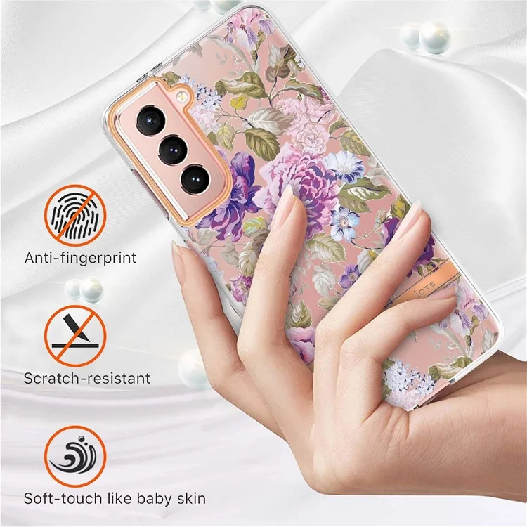 Coque de téléphone portable à la mode IML IMD Flower Letter Design Anti-rayures Électroplaquage Coque de téléphone en TPU pour Samsung Galaxy S21 4G/5G - HC006 Purple Peony