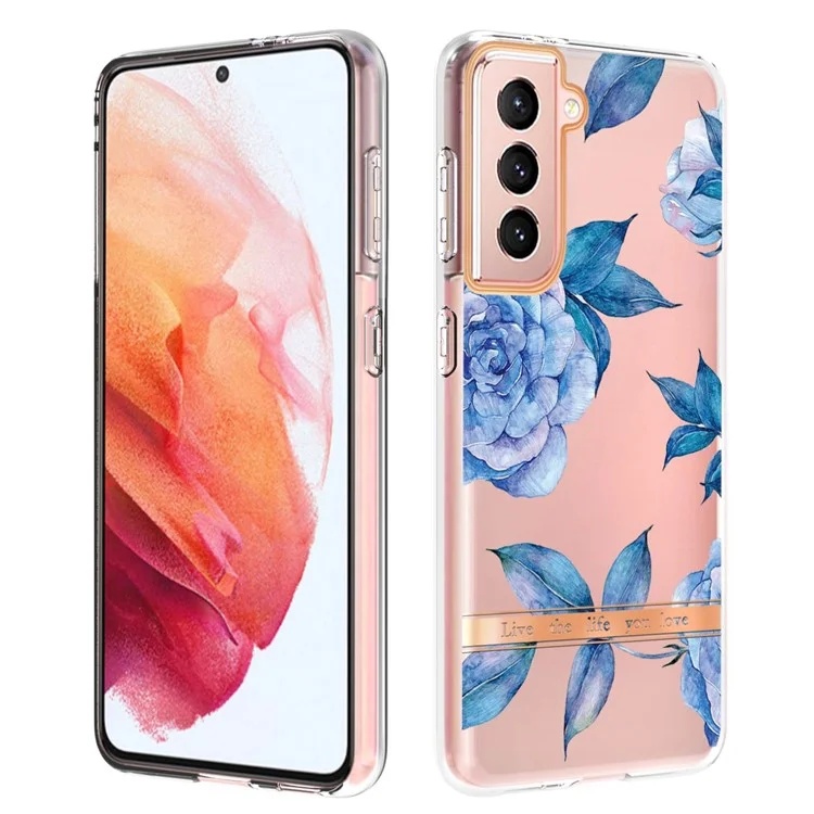 IML IMD Modische Mobiltelefonabdeckung Blumenbuchstaben Design Anti-scratch-elektroplatten Tpu-telefonhülle Für Samsung Galaxy S21 4G/5G - HC003 Blue Peony