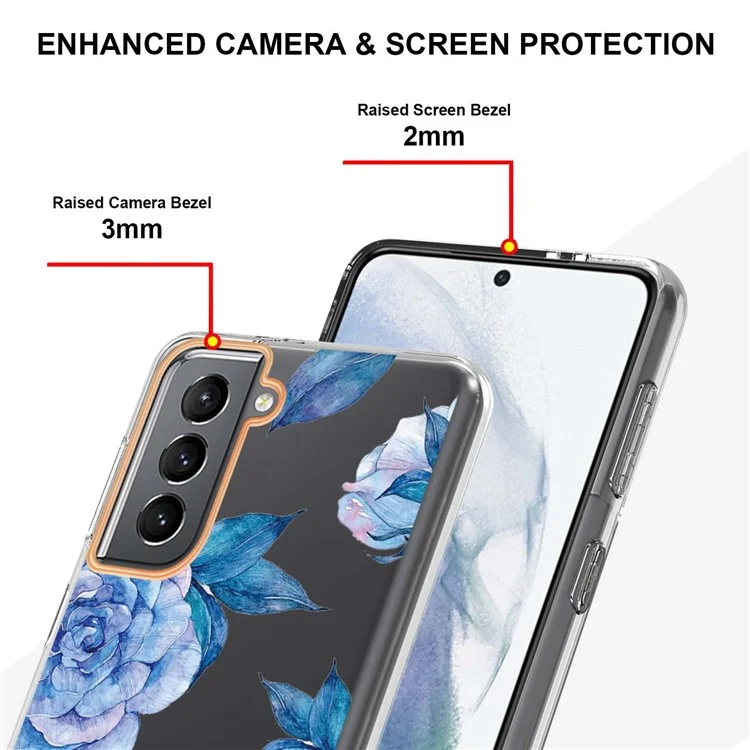 IML IMD Modische Mobiltelefonabdeckung Blumenbuchstaben Design Anti-scratch-elektroplatten Tpu-telefonhülle Für Samsung Galaxy S21 4G/5G - HC003 Blue Peony