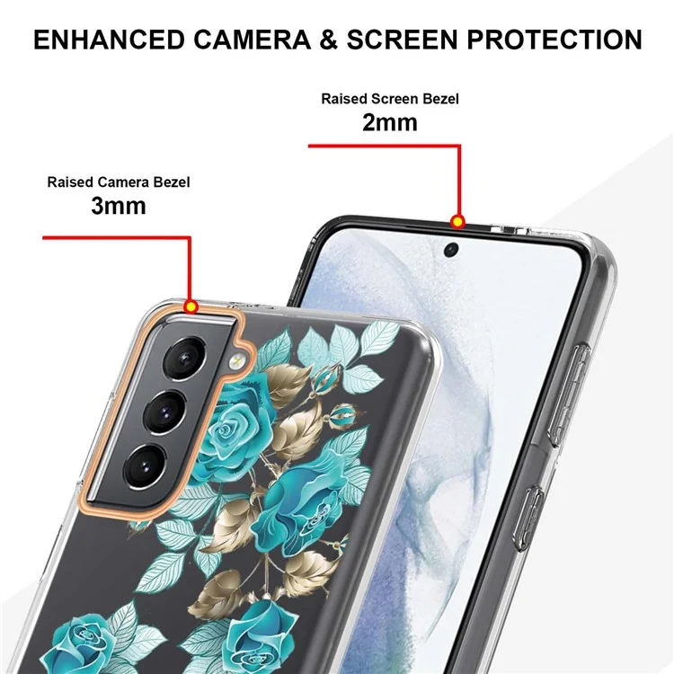 IMD Fashionable Fashionable Mobile Porters Diseño de Letras de Flores Anti-scratch Electroplating TPU Case de Teléfono Para Samsung Galaxy S21 4G/5G - HC002 Blue Rose