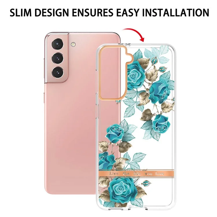 IMD Fashionable Fashionable Mobile Porters Diseño de Letras de Flores Anti-scratch Electroplating TPU Case de Teléfono Para Samsung Galaxy S21 4G/5G - HC002 Blue Rose