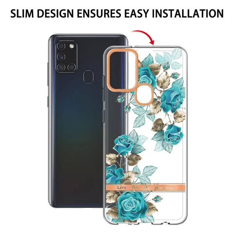 Electroplating Frame Flower Pattern Letter Design Phone Case IML IMD TPU Protective Cover for Samsung Galaxy A21s - HC002 Blue Rose